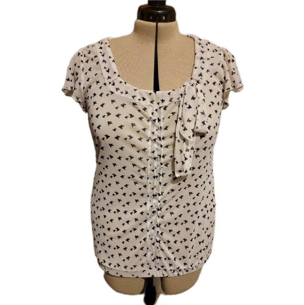 🔖👉 Maurices Bird Printed Sheer See Through Bow Tie Detail Blouse Sz L